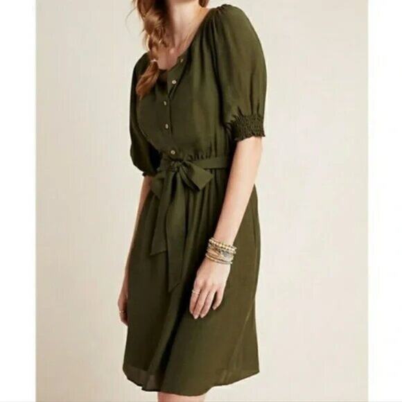 Anthropologie Nicole Puff-Sleeved Linen Blend Shirt Dress in Moss Size XS - Picture 1 of 16